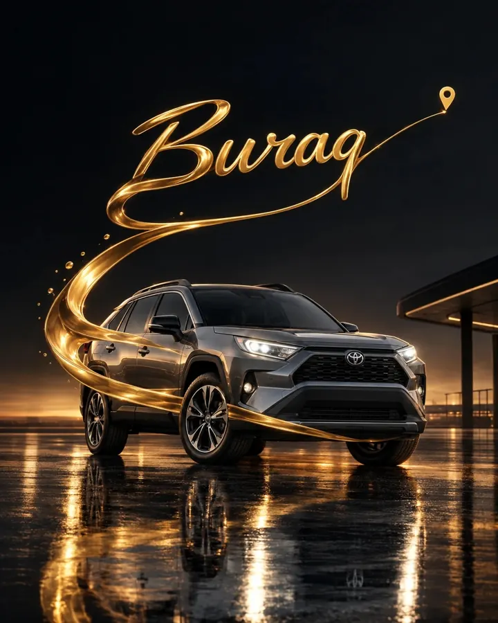 The Buraq RAV4 at dusk, wrapped in a gold ribbon that writes Buraq across the sky